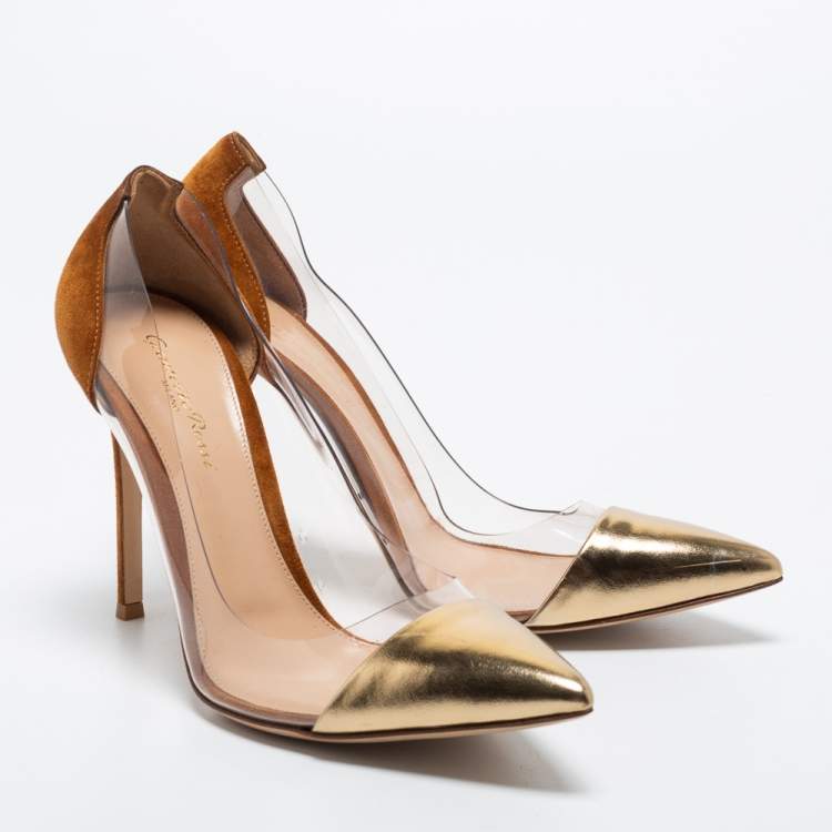 Pre Owned Gianvito Rossi Brown/Gold PVC and Leather Plexi  Pumps Size 39