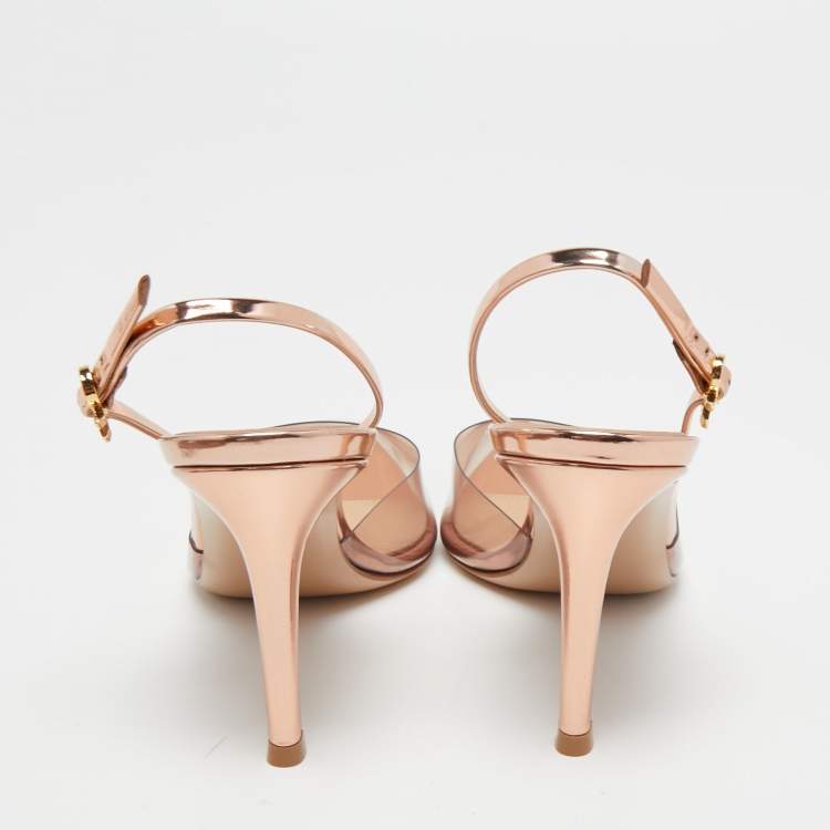Pre Owned Gianvito Rossi Rose Gold Laminated Leather and PVC Ribbon Slinback Pumps Size 36