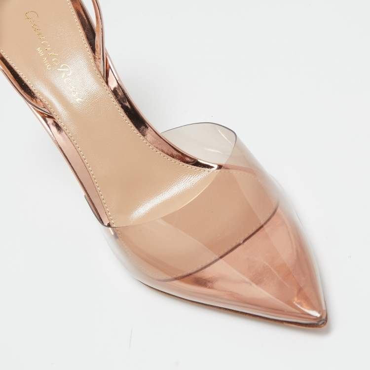 Pre Owned Gianvito Rossi Rose Gold Laminated Leather and PVC Ribbon Slinback Pumps Size 36