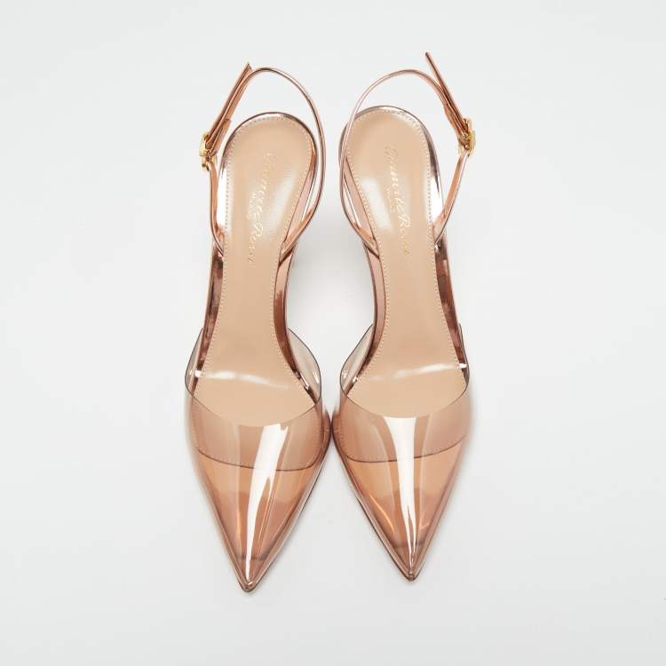 Pre Owned Gianvito Rossi Rose Gold Laminated Leather and PVC Ribbon Slinback Pumps Size 36
