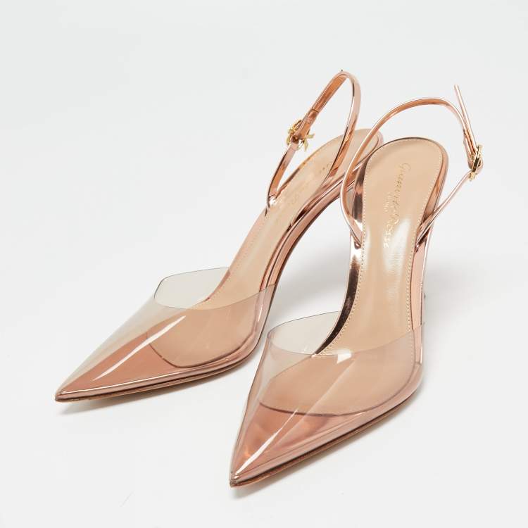 Pre Owned Gianvito Rossi Rose Gold Laminated Leather and PVC Ribbon Slinback Pumps Size 36