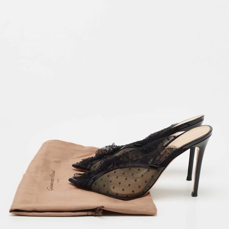 Pre Owned Gianvito Rossi Black Polka Dot Lace Pois Peep Toe Mules Size 39
