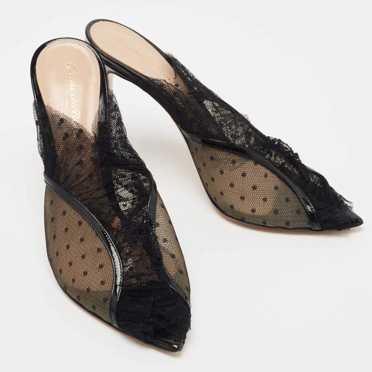 Pre Owned Gianvito Rossi Black Polka Dot Lace Pois Peep Toe Mules Size 39