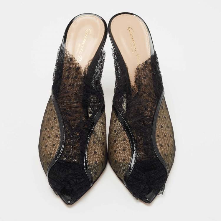 Pre Owned Gianvito Rossi Black Polka Dot Lace Pois Peep Toe Mules Size 39