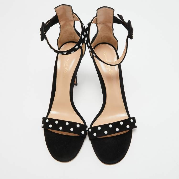 Pre Owned Gianvito Rossi Black Suede Studded Portofino Ankle Strap Sandals Size 38.5