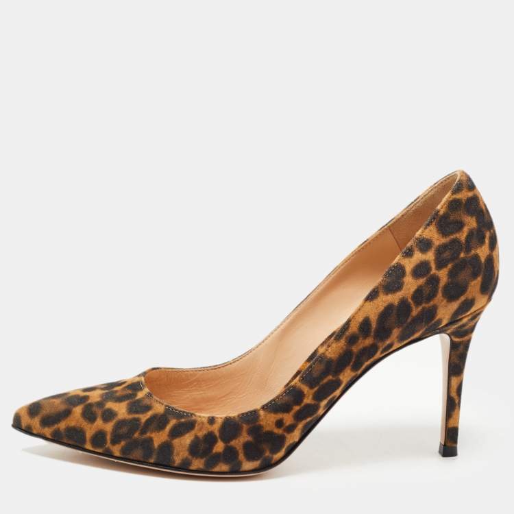 Pre Owned Gianvito Rossi Brown/Black Leopard Print Nubuck Leather Pointed Toe Pumps Size 38