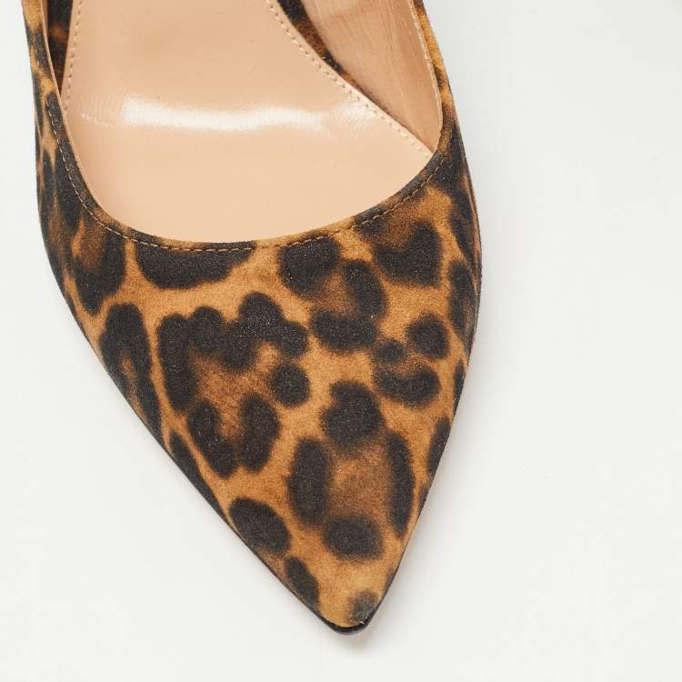Pre Owned Gianvito Rossi Brown/Black Leopard Print Nubuck Leather Pointed Toe Pumps Size 38