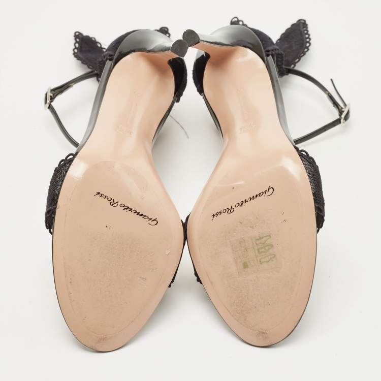 Pre Owned Gianvito Rossi Black Patent and Lace bunny Ankle Strap Sandals Size 39