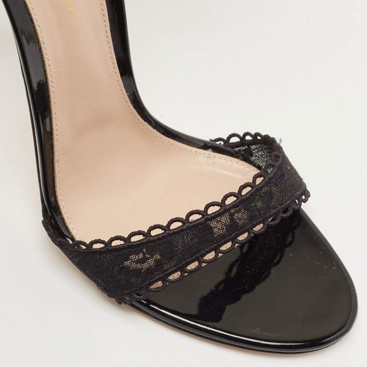 Pre Owned Gianvito Rossi Black Patent and Lace bunny Ankle Strap Sandals Size 39