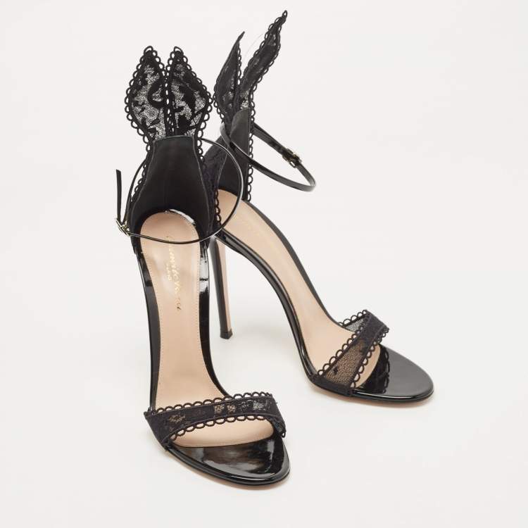 Pre Owned Gianvito Rossi Black Patent and Lace bunny Ankle Strap Sandals Size 39