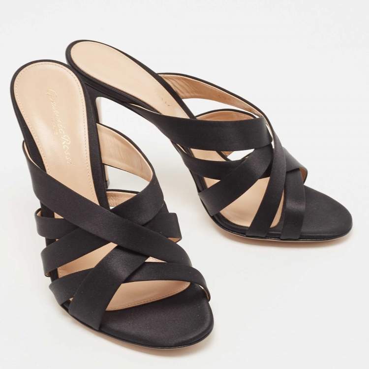 Pre Owned Gianvito Rossi Black Satin Strappy Slide Sandals Size 38.5