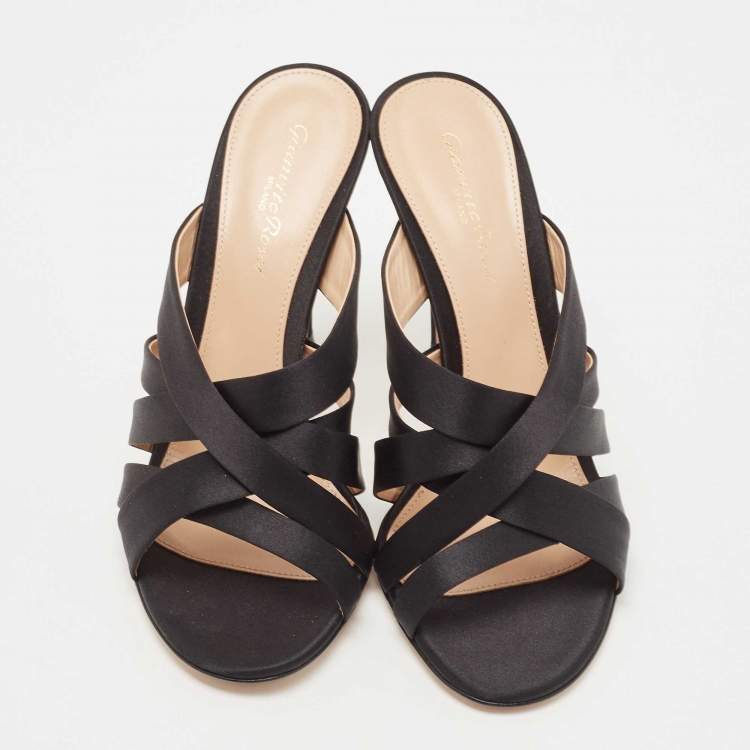 Pre Owned Gianvito Rossi Black Satin Strappy Slide Sandals Size 38.5