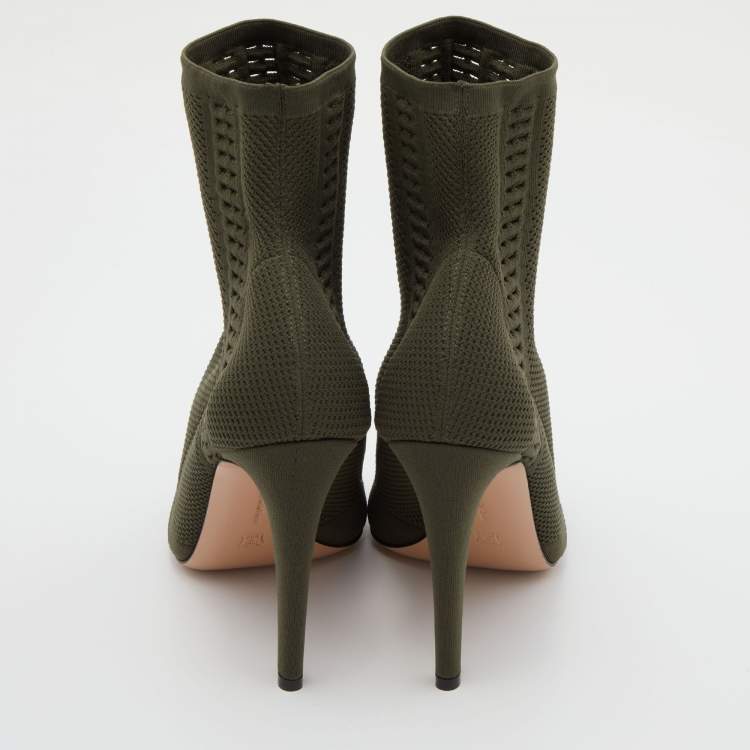 Pre Owned Gianvito Rossi Army Green Knit Fabric Vires Peep Toe Booties Size 40