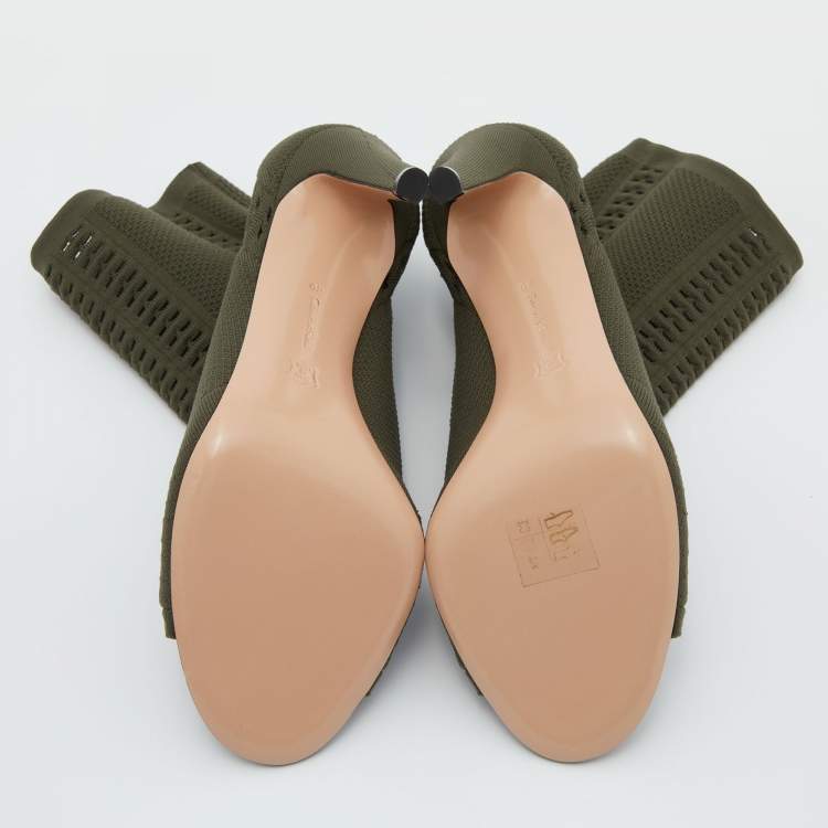 Pre Owned Gianvito Rossi Army Green Knit Fabric Vires Peep Toe Booties Size 40