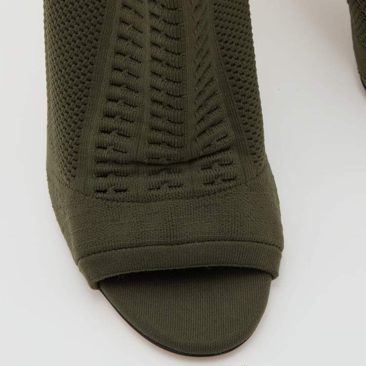 Pre Owned Gianvito Rossi Army Green Knit Fabric Vires Peep Toe Booties Size 40