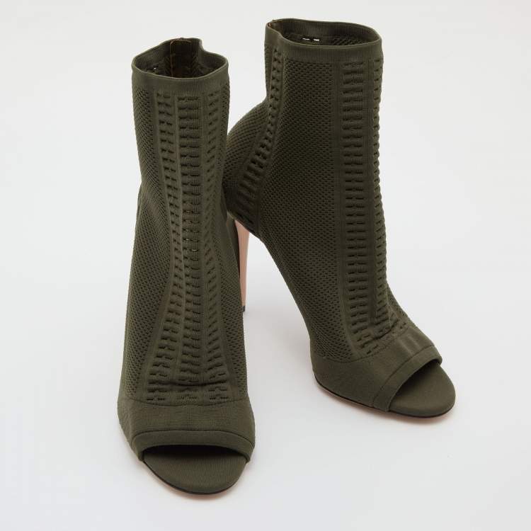 Pre Owned Gianvito Rossi Army Green Knit Fabric Vires Peep Toe Booties Size 40