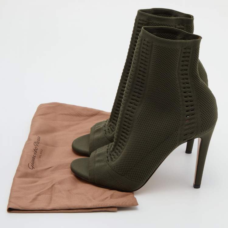 Pre Owned Gianvito Rossi Army Green Knit Fabric Vires Peep Toe Booties Size 40