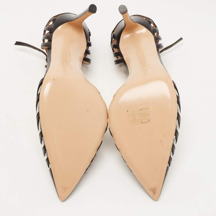 Pre Owned Gianvito Rossi Black Leather and PVC Caged Ankle Strap Pumps Size 39