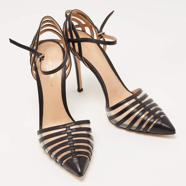 Pre Owned Gianvito Rossi Black Leather and PVC Caged Ankle Strap Pumps Size 39
