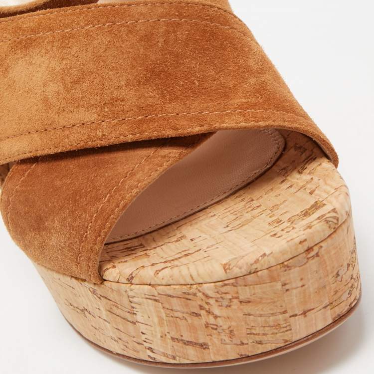 Pre Owned Gianvito Rossi Brown Suede Cork Platform Ankle Strap Sandals Size 39