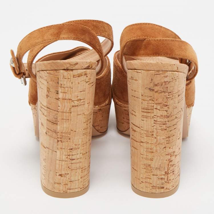 Pre Owned Gianvito Rossi Brown Suede Cork Platform Ankle Strap Sandals Size 39