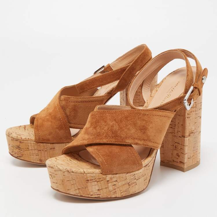 Pre Owned Gianvito Rossi Brown Suede Cork Platform Ankle Strap Sandals Size 39