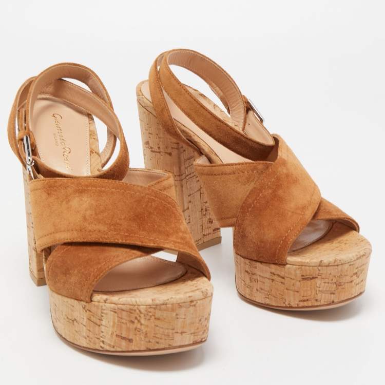 Pre Owned Gianvito Rossi Brown Suede Cork Platform Ankle Strap Sandals Size 39
