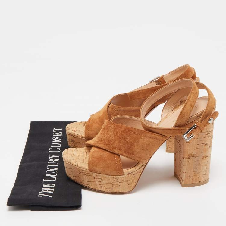 Pre Owned Gianvito Rossi Brown Suede Cork Platform Ankle Strap Sandals Size 39