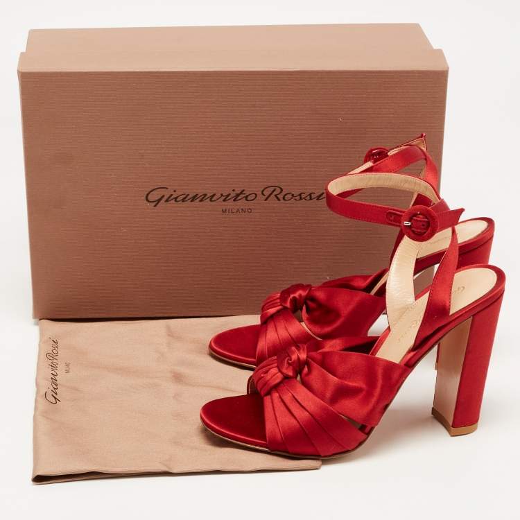 Pre Owned Gianvito Rossi Red Satin Knot Ankle Strap Sandals Size 37.5