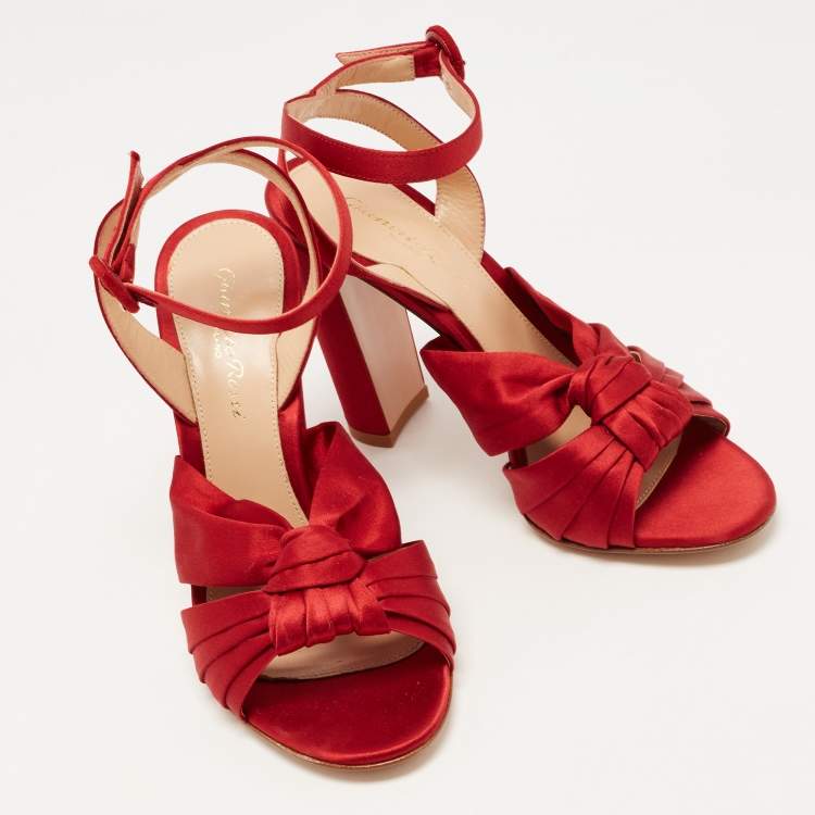 Pre Owned Gianvito Rossi Red Satin Knot Ankle Strap Sandals Size 37.5