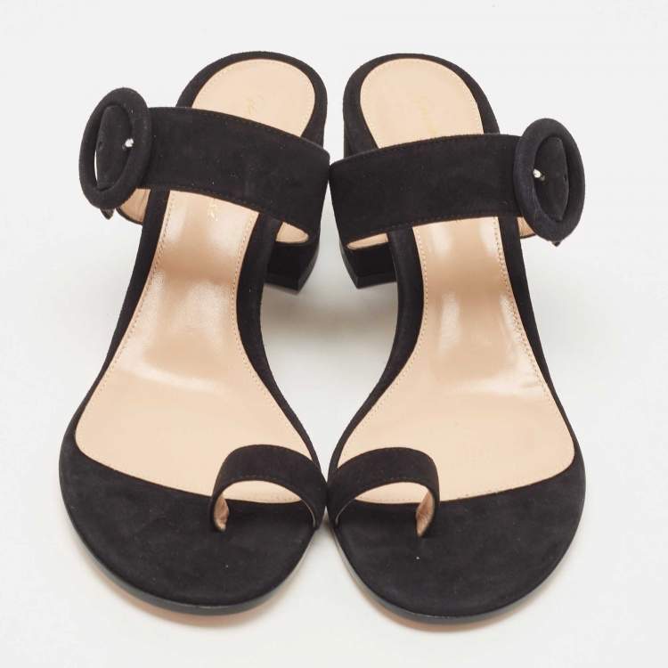 Pre Owned Gianvito Rossi Black Suede Toe Ring Block Heel Slide Sandals Size 38