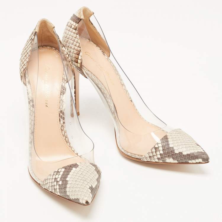 Pre Owned Gianvito Rossi Two Tone Python and PVC Plexi Pumps Size 38.5