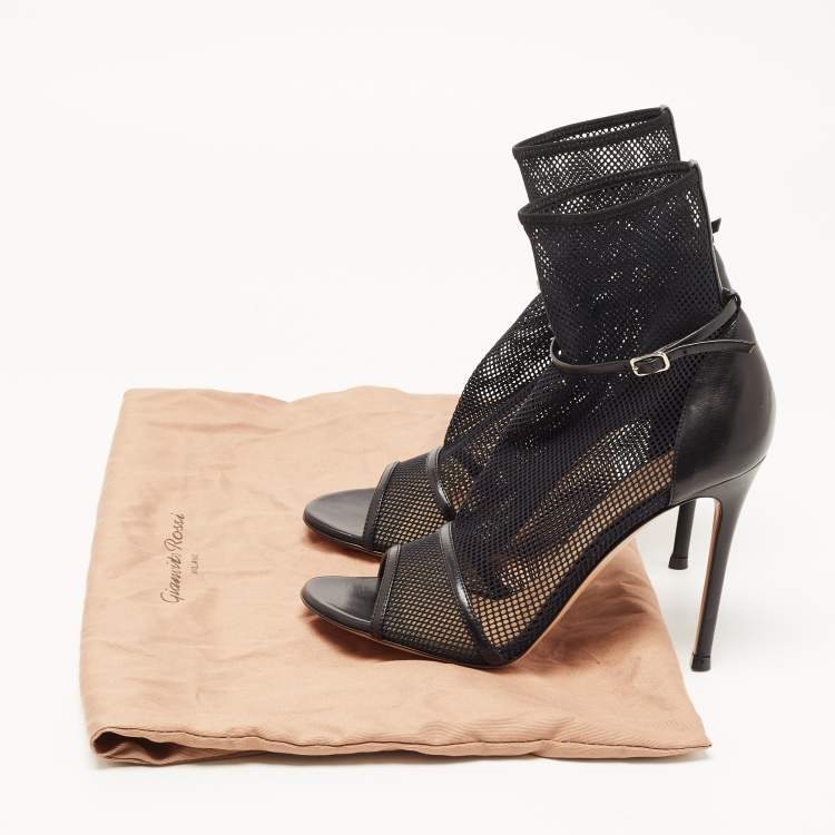 Pre Owned Gianvito Rossi Black Mesh and Leather Idol Open-Toe Ankle Boots Size 37.5