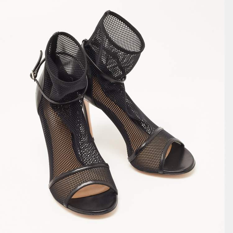 Pre Owned Gianvito Rossi Black Mesh and Leather Idol Open-Toe Ankle Boots Size 37.5