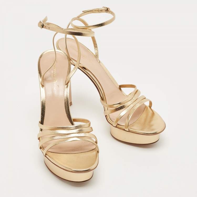 Pre Owned Gianvito Rossi Gold Leather Strappy Platform Heels Sandals Size 38.5