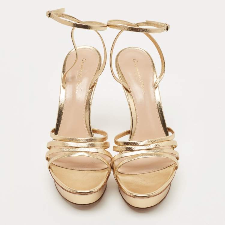 Pre Owned Gianvito Rossi Gold Leather Strappy Platform Heels Sandals Size 38.5