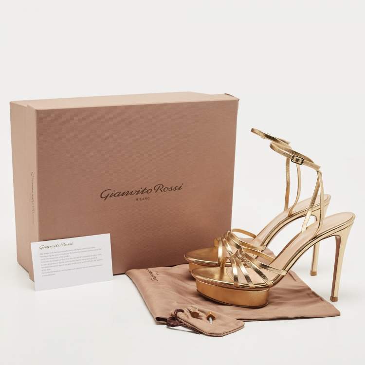 Pre Owned Gianvito Rossi Gold Leather Strappy Platform Heels Sandals Size 38.5