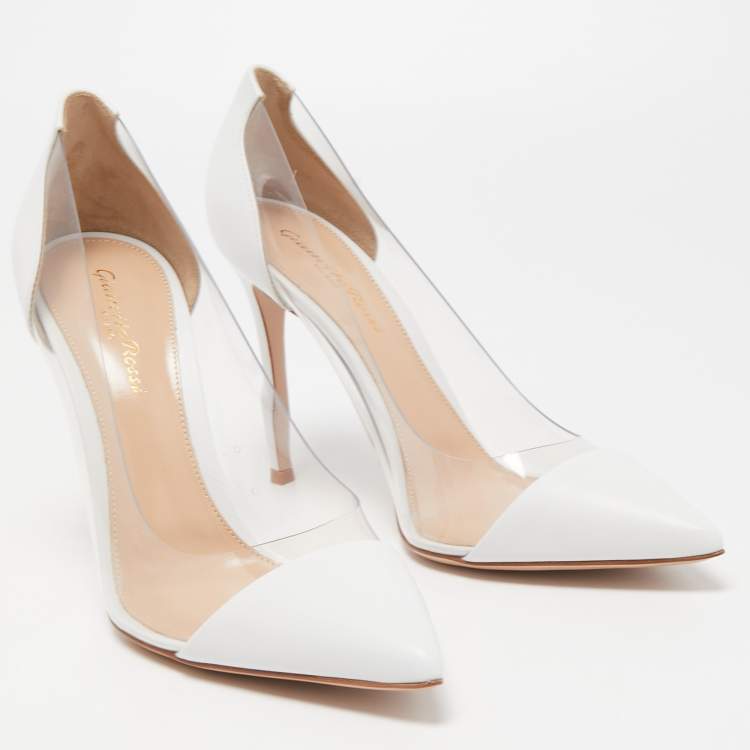 Pre Owned Gianvito Rossi White Patent Leather and PVC Plexi Pumps Size 38.5