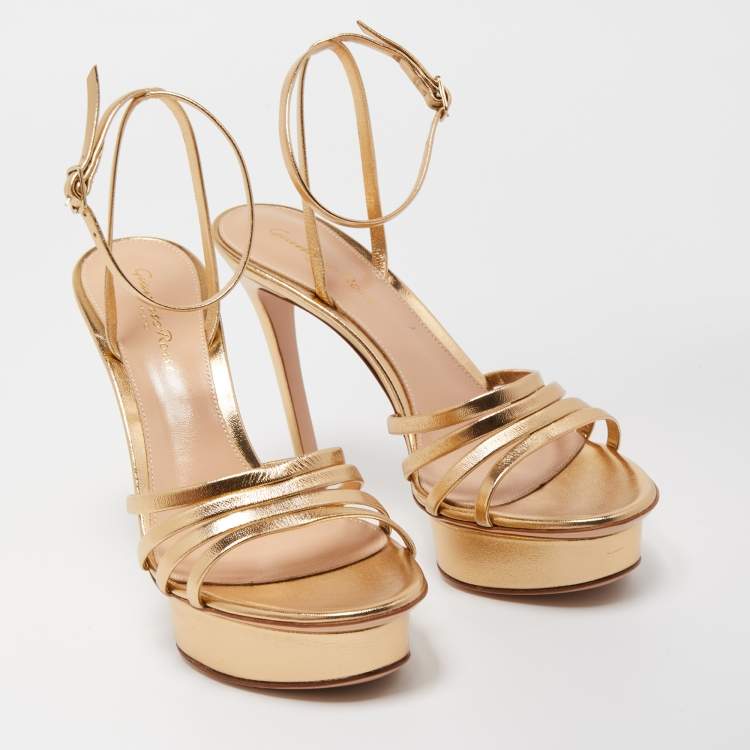 Pre Owned Gianvito Rossi Gold Leather Strappy Platform Heels Sandals Size 36.5