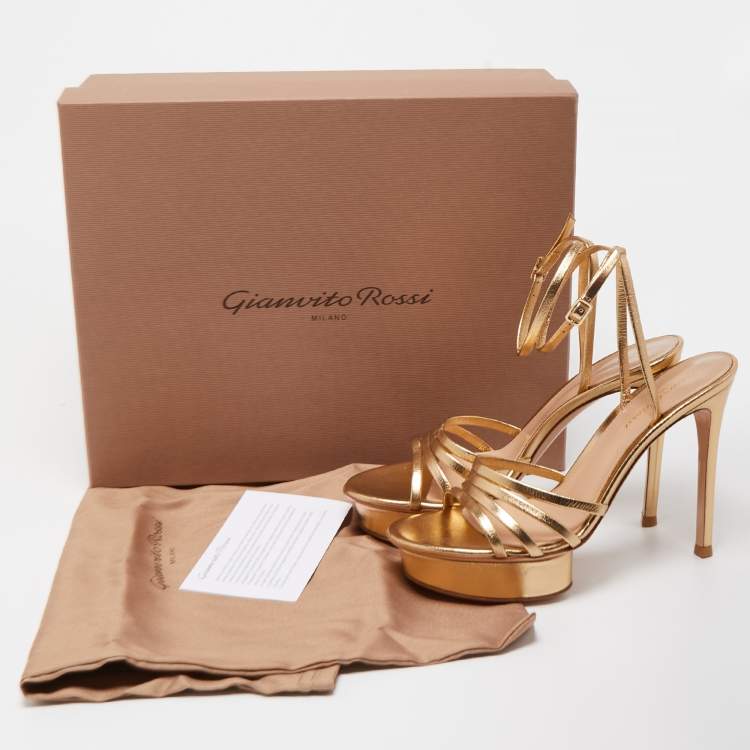 Pre Owned Gianvito Rossi Gold Leather Strappy Platform Heels Sandals Size 36.5
