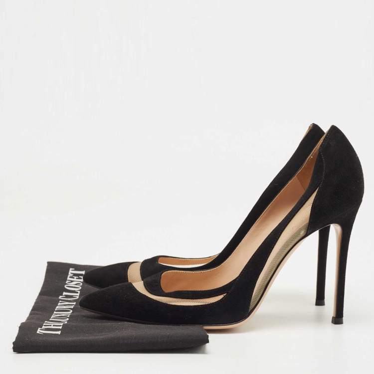 Pre Owned Gianvito Rossi Black Suede and Mesh Pointed Toe Pumps Size 39.5