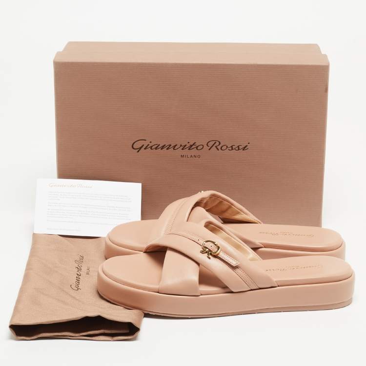 Pre Owned Gianvito Rossi Beige Leather Alima  Flat Slides Size 37.5