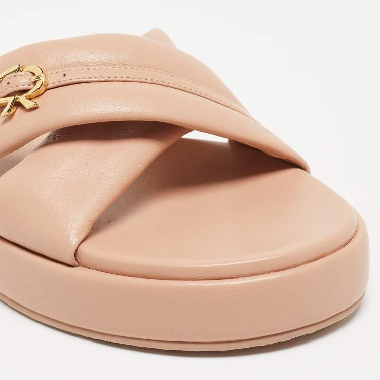 Pre Owned Gianvito Rossi Beige Leather Alima  Flat Slides Size 37.5