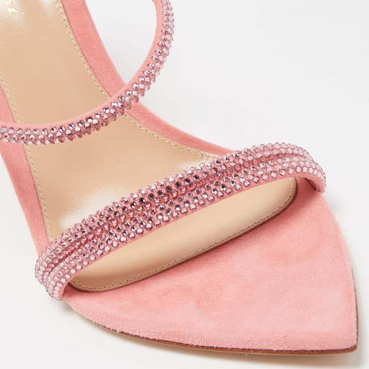Pre Owned Gianvito Rossi Pink Crystal Embellished Suede Cannes Sandals Size 37.5
