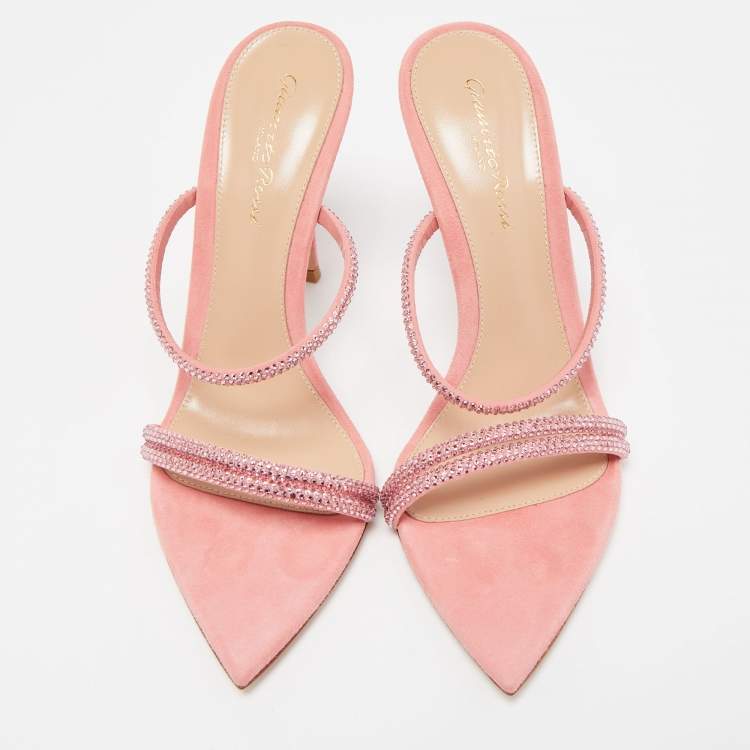 Pre Owned Gianvito Rossi Pink Crystal Embellished Suede Cannes Sandals Size 37.5