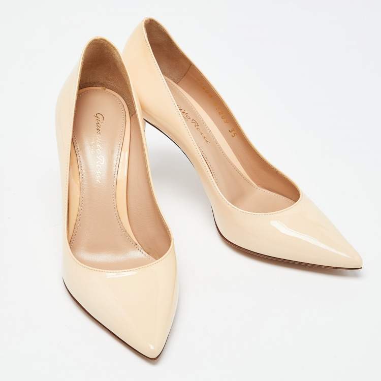 Pre Owned Gianvito Rossi Beige Patent Leather Gianvito 85 Pointed Toe Pumps Size 35