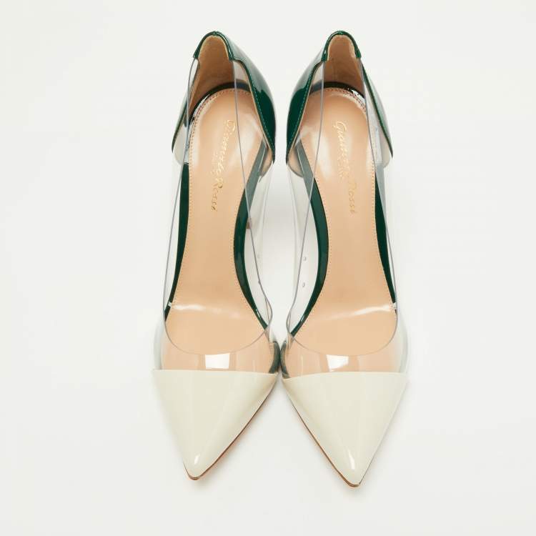 Pre Owned Gianvito Rossi Green/White Patent Leather and PVC Plexi Pumps Size 38