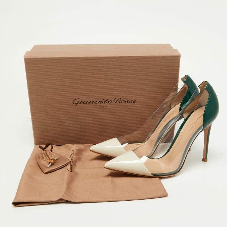 Pre Owned Gianvito Rossi Green/White Patent Leather and PVC Plexi Pumps Size 38