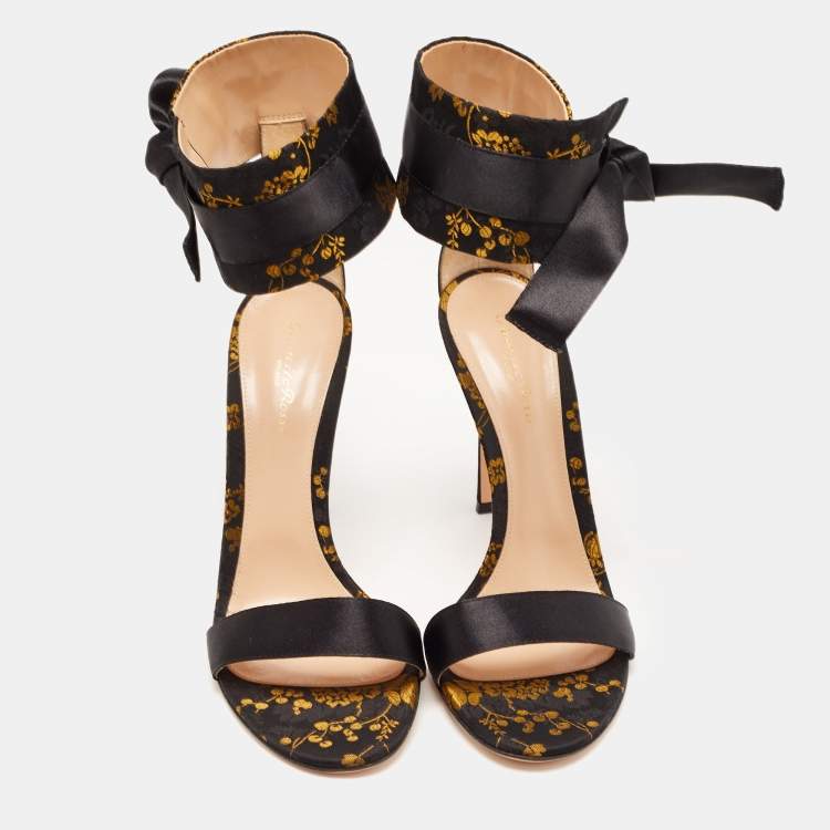 Pre Owned Gianvito Rossi Black/Yellow Jacquard Fabric Ankle Strap Open Toe Sandals Size 42