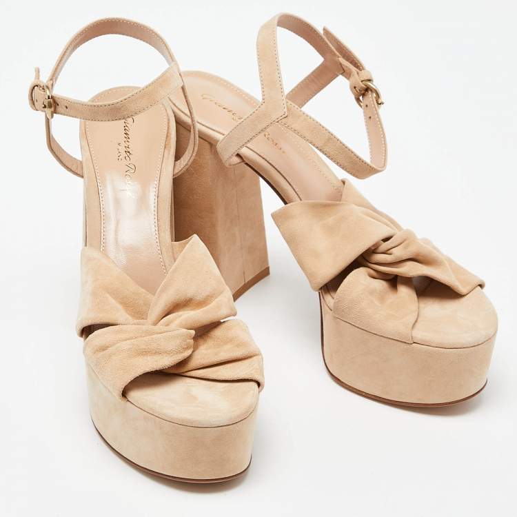 Pre Owned Gianvito Rossi Beige Suede Block Heel Ankle Strap Sandals Size 38